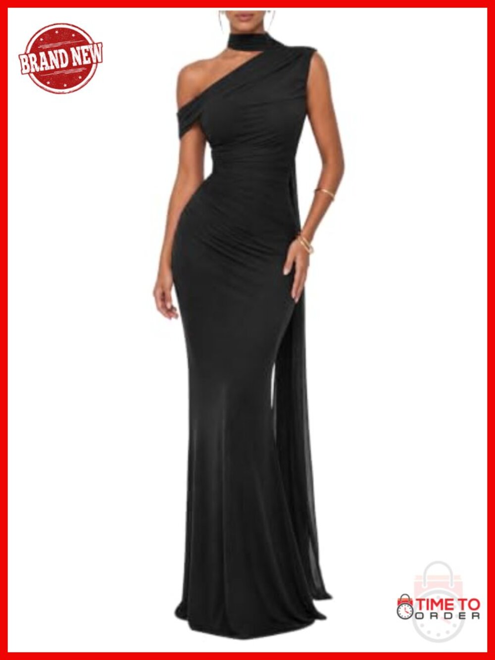 One Shoulder Mesh Ruched Formal Maxi Dress Built-in Cups Mermaid Hem